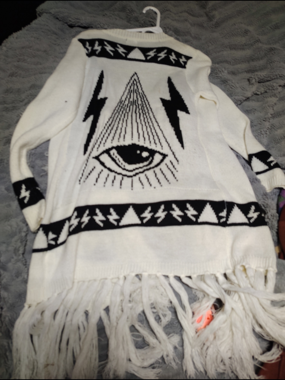 White Fringe Knit Cardigan with Black Eye & Lightning Motif